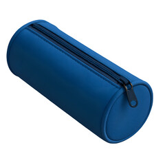 Cylindrical blue zip pencil pouch for storing school supplies on a transparent background