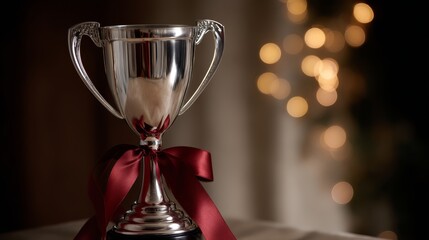 Elegant silver trophy with satin ribbon surrounded by soft golden bokeh and dreamy mist, closeup shot emphasizing shine and textured details, ideal for celebration and achievement themes