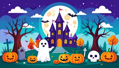 Spooky Halloween night with haunted castle, pumpkin, and bats, perfect for a vector illustration background