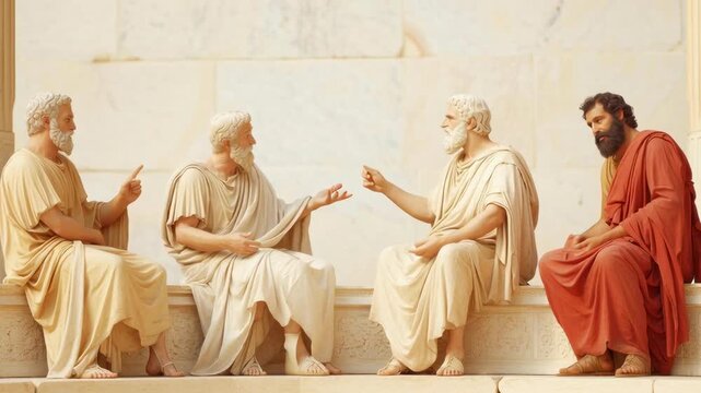 A group of ancient Greek philosophers discussing