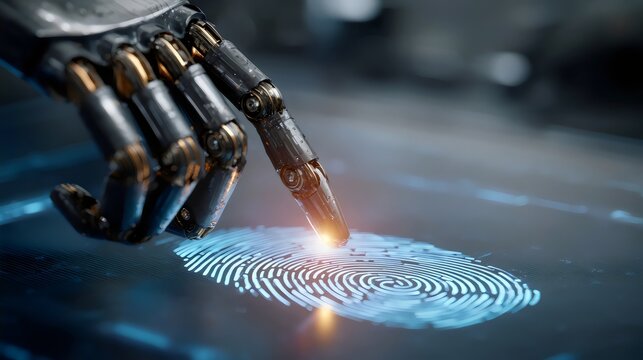 A futuristic robotic hand gently touches a glowing fingerprint on a digital screen, symbolizing advanced technology and security.