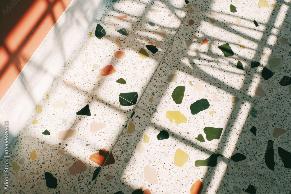 Poster terrazzo floor sunlight shadow geometric colorful textured interior modern abstract pattern. sunligh