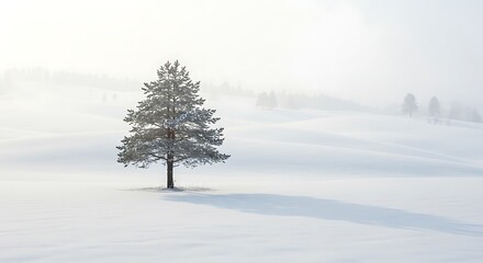 Fototapeta premium Lone pine tree standing in a vast expanse of snow covered ground under a bright misty winter sky landscape scene of natural beauty
