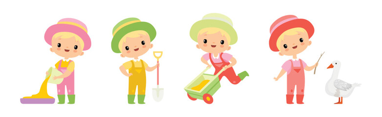 Adorable Little Boy Farmer Work in Garden Vector Set