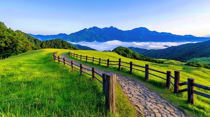 Fototapeta premium Vibrant Green Meadow Path Towards Misty Mountain Range