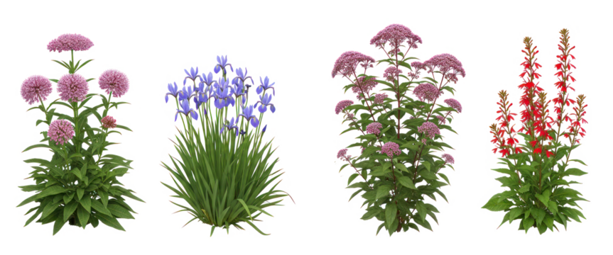 Collection of blooming perennial flowers isolated on transparent background, colorful garden plants for landscaping and design