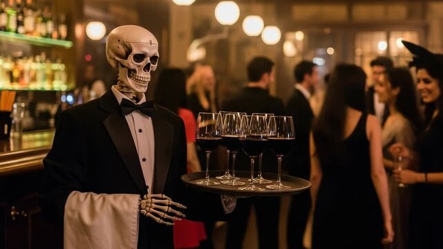A skeleton dressed as a waiter serves glasses of wine on a tray at a Halloween party, surrounded by costumed guests celebrating in a bright, festive setting.