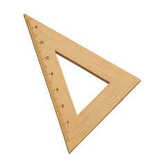 Wooden triangular ruler or set square with clear measurement markings on a transparent background