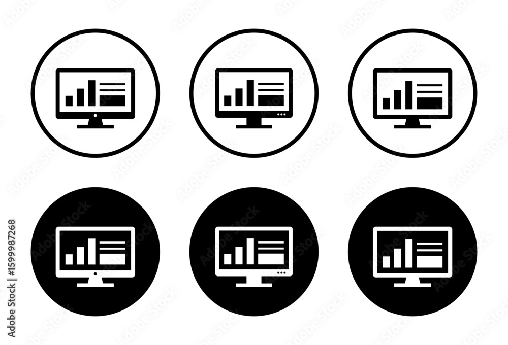 Poster computer monitor with data analytics interface. chart and infographic icon in black circle