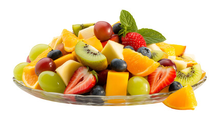 A colorful and fresh fruit salad on a glass plate isolated on transparent background