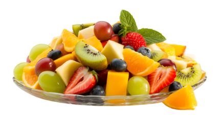 A colorful and fresh fruit salad on a glass plate isolated on transparent background