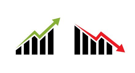 Financial bar chart with green up and red down arrow. Economic growth and decline symbol