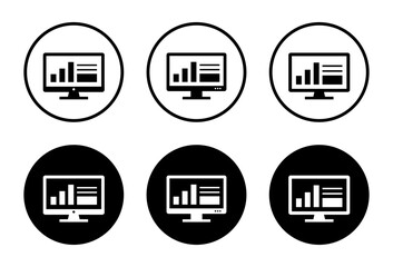 Computer monitor with data analytics interface. Chart and infographic icon in black circle