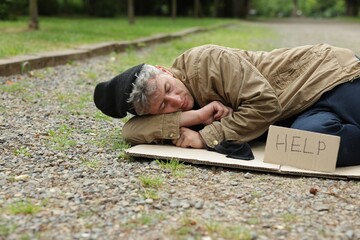 Homeless man with sign Help sleeping on carton in park
