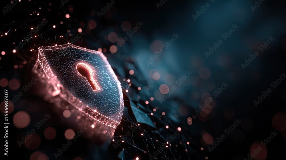 Poster data security protection design with firewall shield, network encryption, cybersecurity interface, p