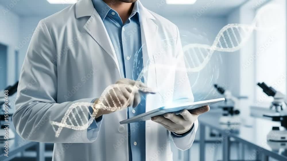 Poster dna analysis scientist works with a digital dna model in a lab