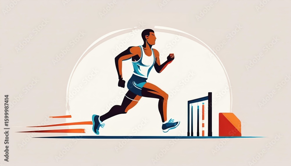 Poster running athlete navigating hurdles in a minimal artistic style during an outdoor training session in