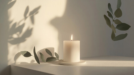 Soft sunlight on a single candle, with leaves