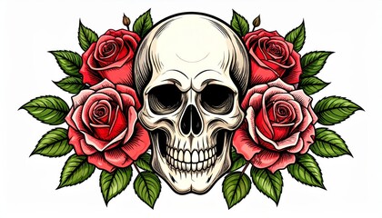 Gothic human skull with rose and bone vector illustration, a symbolic design for tattoo, Halloween, or rock art