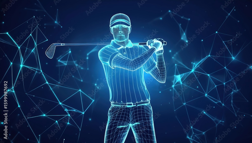 Poster firefly golf player modeled in wireframe design against a blue background showcasing a dynamic swing