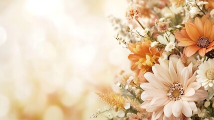 Soft, warm bouquet of flowers against a bokeh background