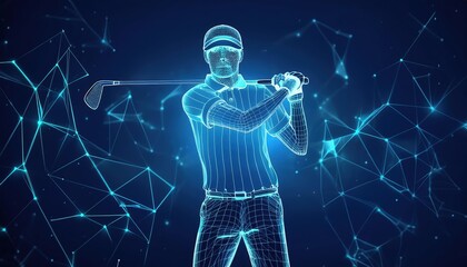 Firefly golf player modeled in wireframe design against a blue background showcasing a dynamic swing posture during a digital sports representation