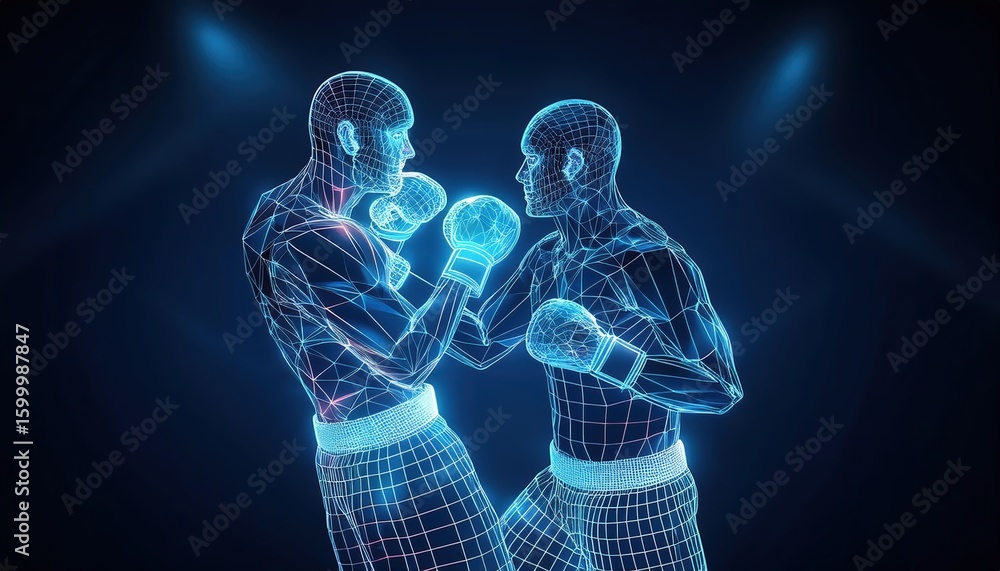 Poster dynamic wireframe representation of intense kickboxing match against a blue background featuring two