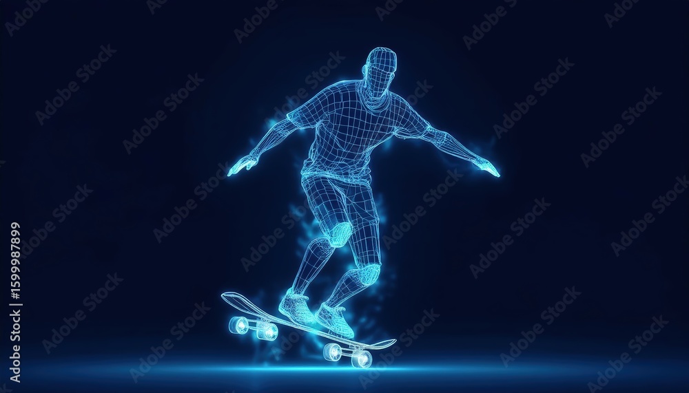 Poster dynamic wireframe representation of a skateboarder performing tricks against a blue background