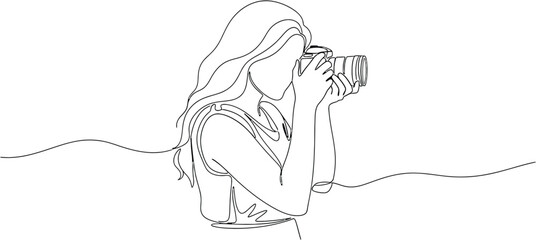 Continuous line drawing of a woman holding a camera and taking a photo