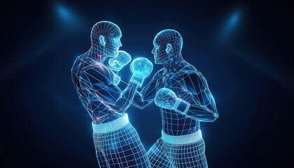 Dynamic wireframe representation of intense kickboxing match against a blue background featuring two fighters ready to engage