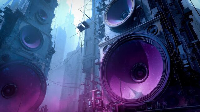 Giant speakers on a city street, blue and purple colors, cyberpunk style, urban and loud music concept