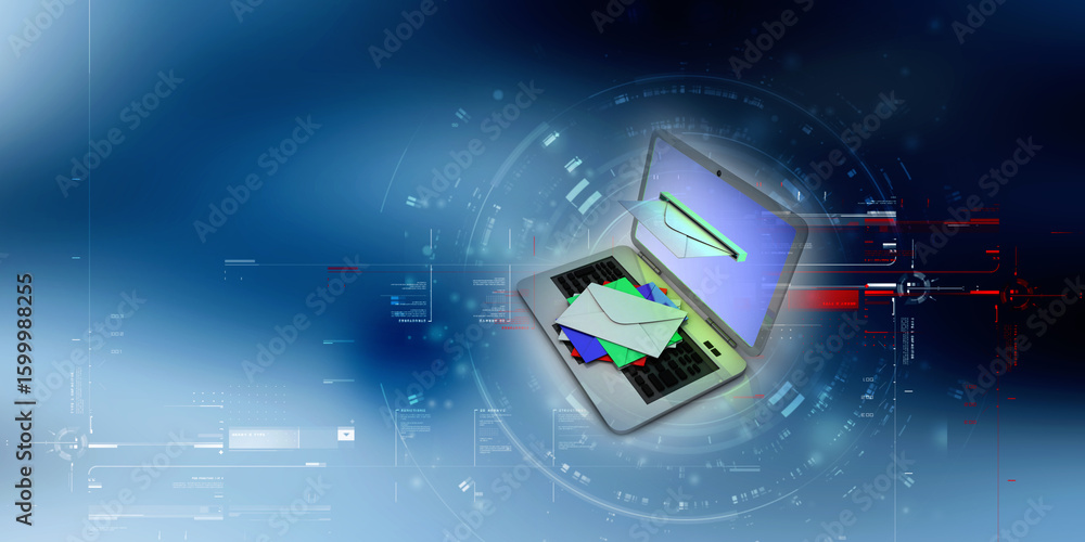 Poster 3d rendering laptops with mail envelops ,