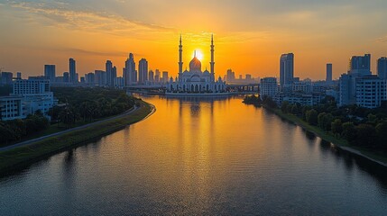 Fototapeta premium Sunrise over a mosque and city reflected in a calm river