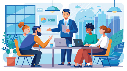 Illustration of a business meeting with five people and a presentation in a modern office space