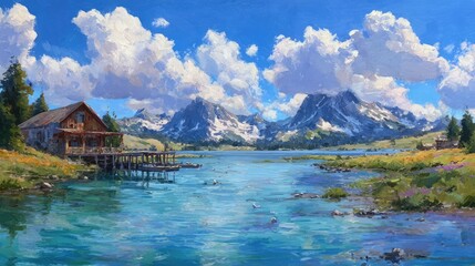 Fototapeta premium Rustic Cabin By Mountain Lake At Sunrise