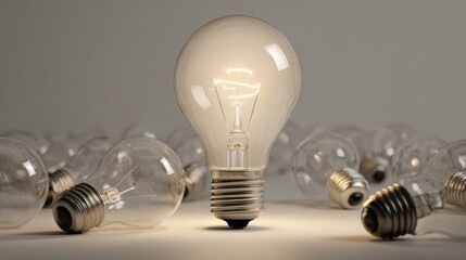 Illuminated light bulb amidst others.