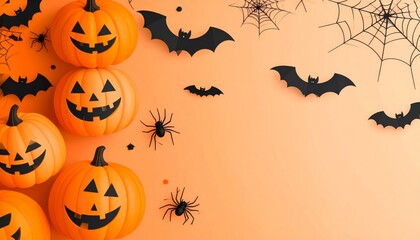 Orange autumn Halloween pumpkin background with spooky jack-o'-lanterns and bats, a scary October holiday celebration illustration