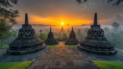 Sunrise over ancient stupas