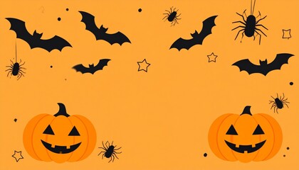 Orange autumn Halloween pumpkin background with spooky jack-o'-lanterns and bats, a scary October holiday celebration illustration