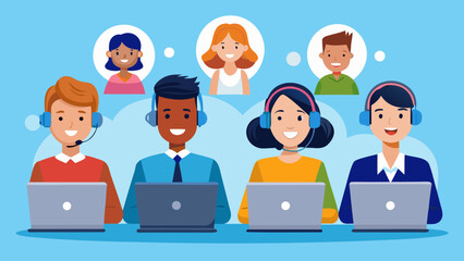 Team of diverse customer service representatives with headsets and laptops providing support online
