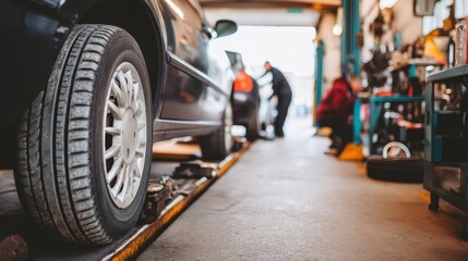 Closeup of a black rally car elevated on a lift in a busy garage with a mechanic adjusting a tire under bright overhead lights, emphasizing precision, teamwork, and automotive care with a copy space