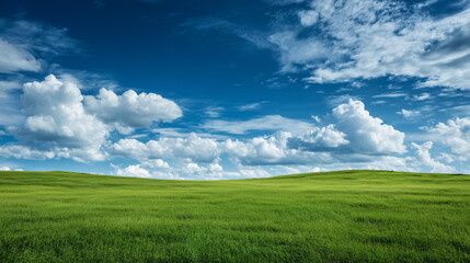 Fototapeta premium Lush Green Field Under Bright Blue Sky with Fluffy White Clouds in the Background