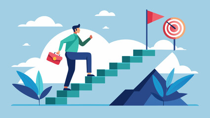Fototapeta premium Man with briefcase climbing stairs towards a flag and target on top of a mountain illustration