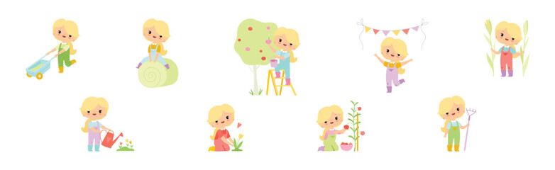 Adorable Little Girl Farmer Work in Garden Vector Set