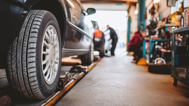 Closeup of a black rally car elevated on a lift in a busy garage with a mechanic adjusting a tire under bright overhead lights, emphasizing precision, teamwork, and automotive care with a copy space