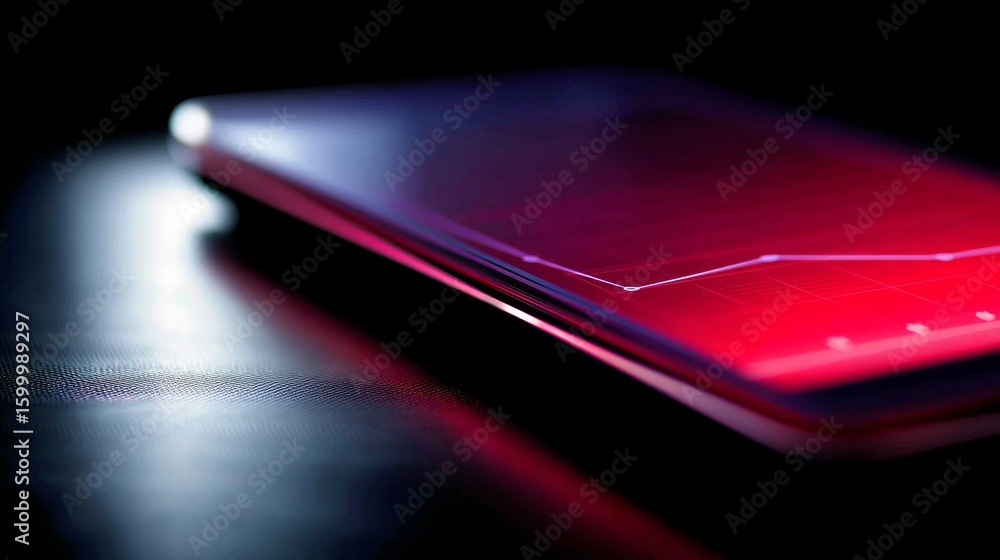 Poster closeup of a sleek tablet displaying vibrant energy trend graph with glowing line chart on dark refl