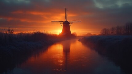 Obraz premium Sunrise over Dutch windmill