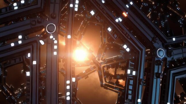 Massive Dyson sphere megastructure approaching bright star, solar panels deploying, energy harvesting sci-fi animation, advanced civilization technology