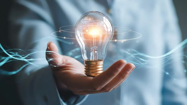 Hand holds globe lightbulb with glowing, electrifying energy