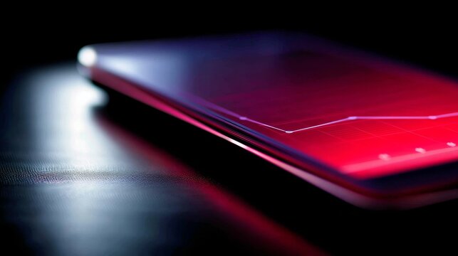 Closeup of a sleek tablet displaying vibrant energy trend graph with glowing line chart on dark reflective surface, emphasizing modern technology and data analysis